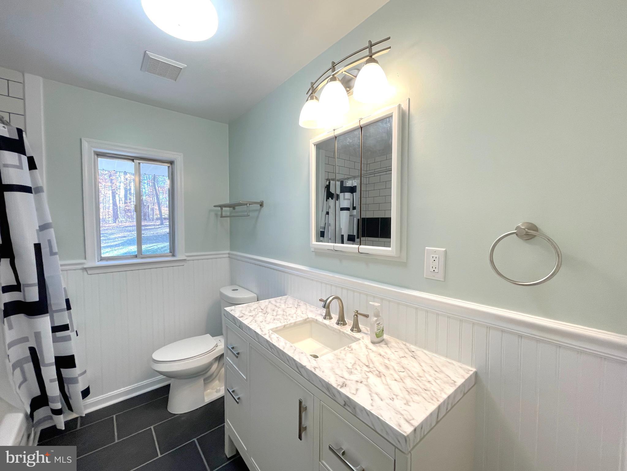 9457 Boyds Turn Road Owings, MD 20736 - Photo 20 of 46 a bathroom with a granite countertop sink toilet and mirror