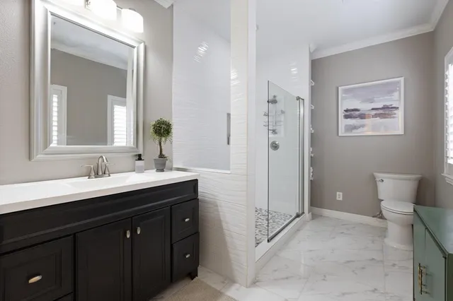 a bathroom with a double vanity sink mirror and toilet