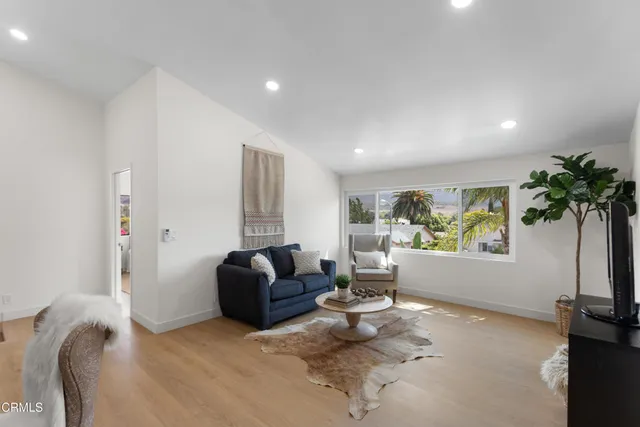 a living room with furniture and a potted plant