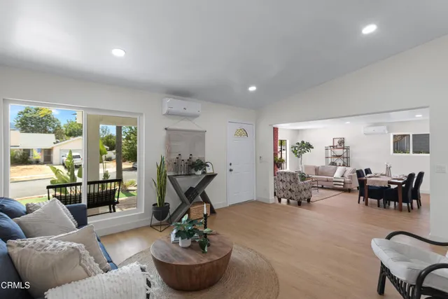 a living room with furniture and a potted plant