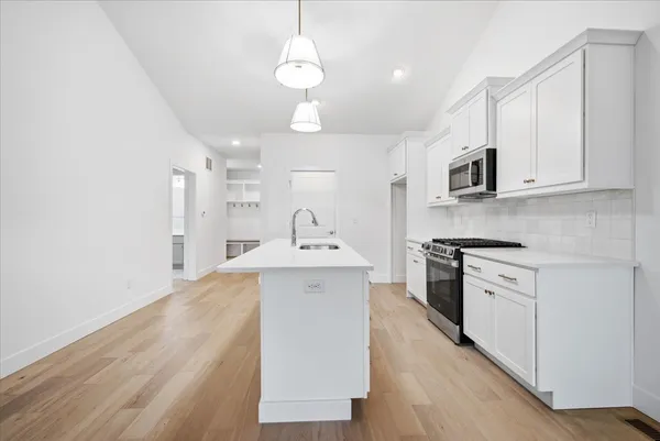 a kitchen with stainless steel appliances granite countertop a stove and a sink