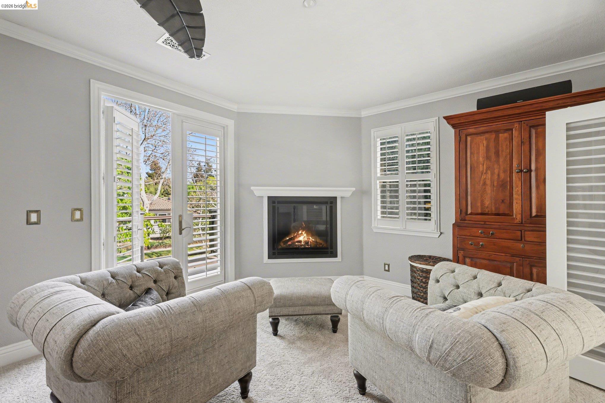 550 Rutherford Circle Brentwood, CA 94513 - Photo 14 of 28 Living room with carpet, a glass covered fireplace, ornamental molding, and healthy amount of natural light