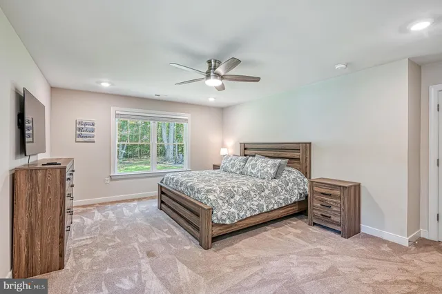 a view of a backyard with table and chairs and potted plants and large trees