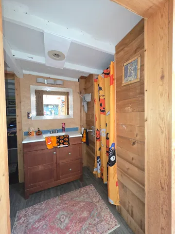 a view of a backyard with a small cabin