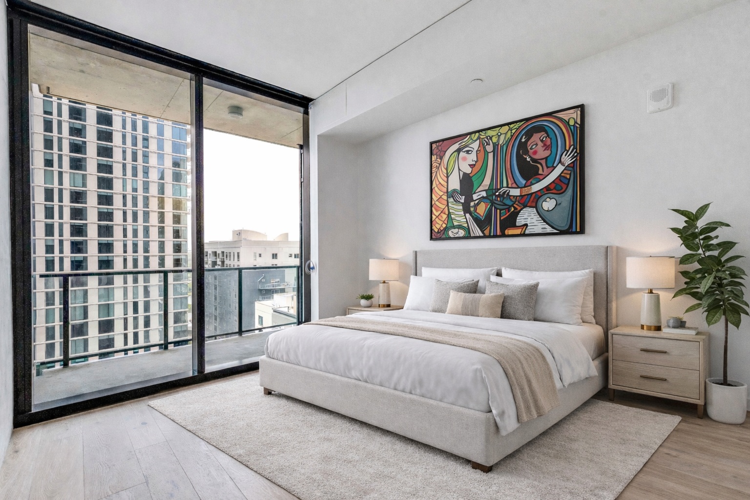 Bedroom featuring access to exterior, expansive windows, and light wood-style floors