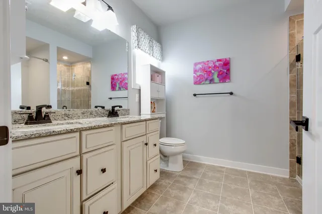 a bathroom with a toilet sink vanity and mirror