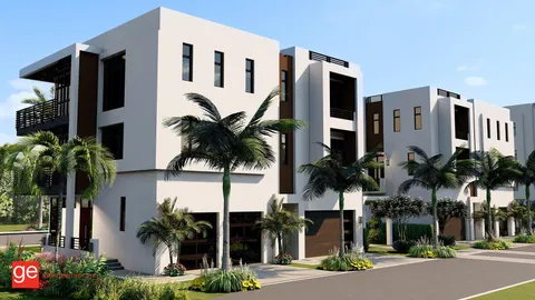 a palm tree sitting in front of a house