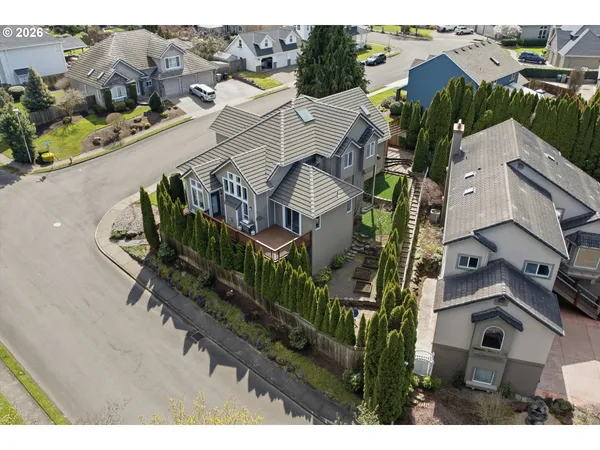 an aerial view of houses with deck