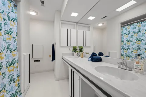 a view of a wooden deck with a trees