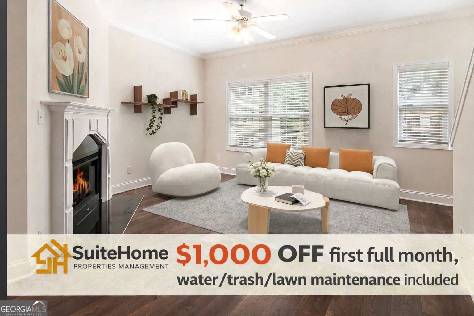 a view of living room with furniture and fireplace