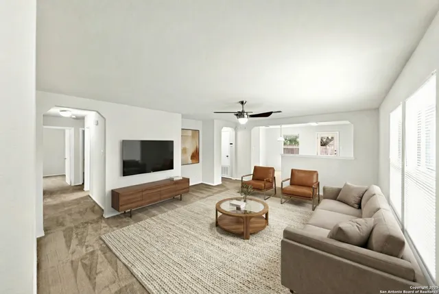 an empty room with a bathroom