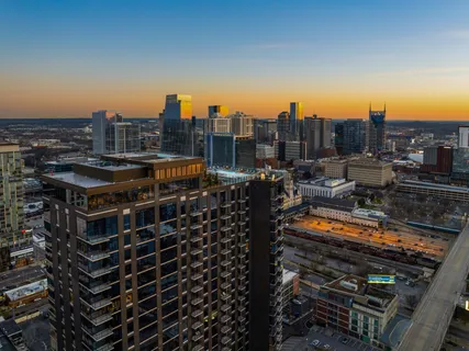 a city view with tall buildings