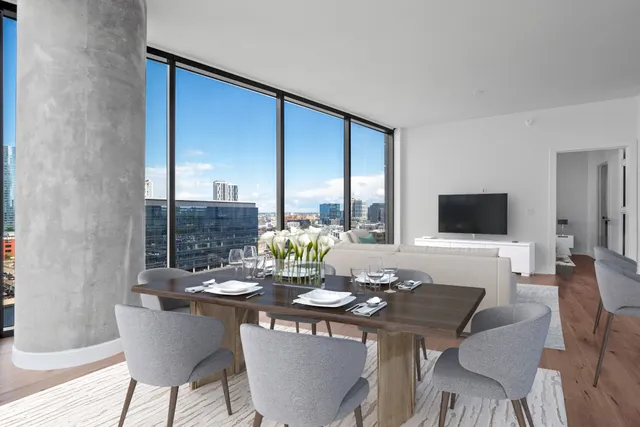 a view of a dining room with furniture
