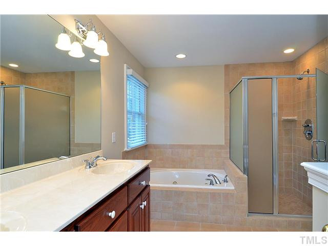 8311 Cazavini Court Raleigh, NC 27613 - Photo 19 of 22 a bathroom with a sink a mirror and a shower