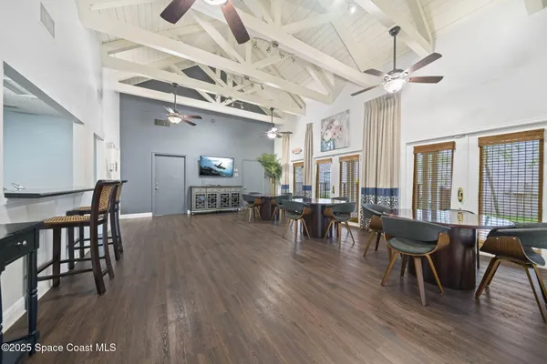 a view of a park with large trees