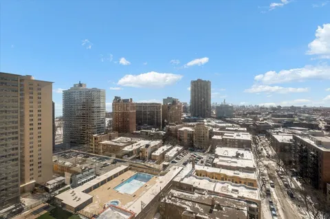 a city view with tall buildings