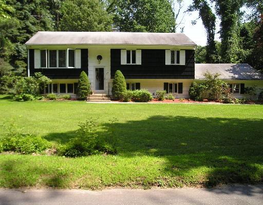 a front view of house with yard and green space