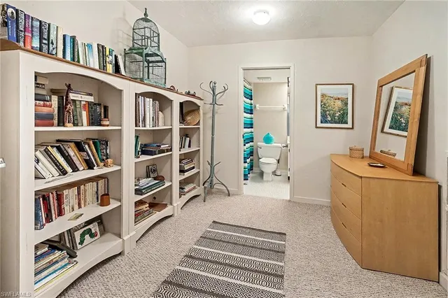 a living room with furniture and a book shelf
