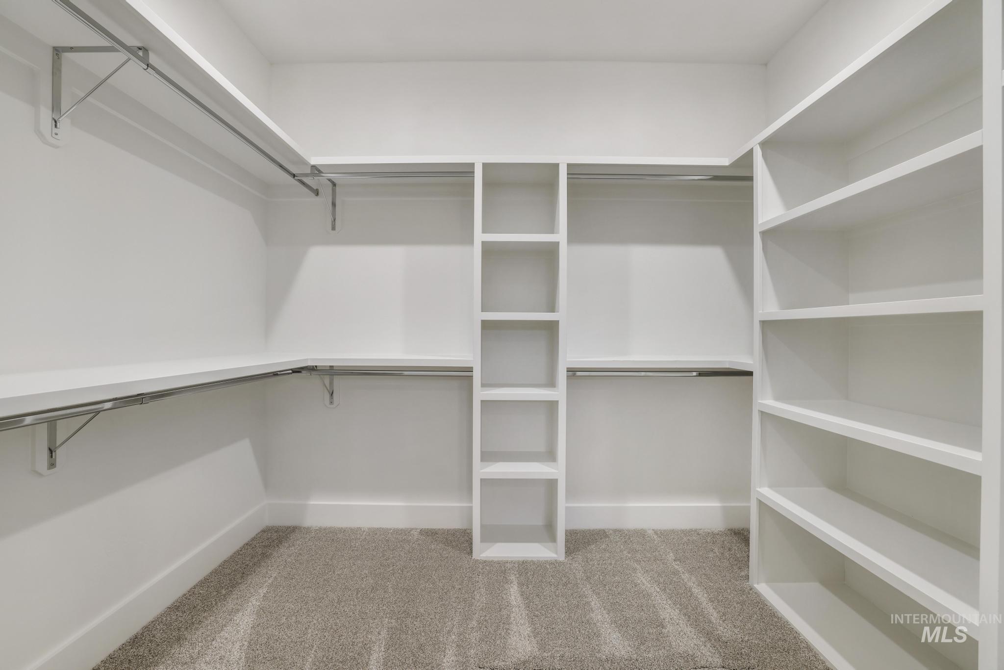 298 Sandi Road Twin Falls, ID 83301 - Photo 18 of 24 Custom-designed walk-in closet featuring extensive built-in shelving, multiple hanging rods, and a neutral carpeted floor