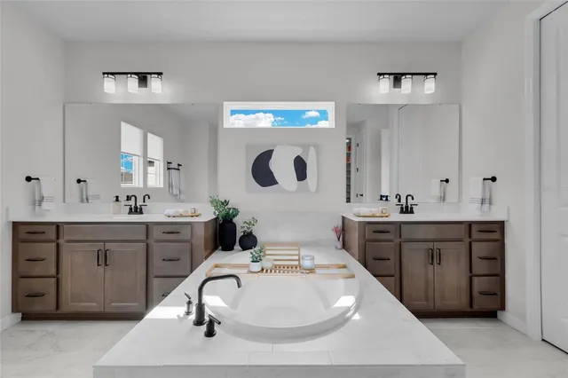 a bathroom with a double vanity sink and a mirror