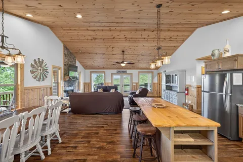 a dinning room with furniture