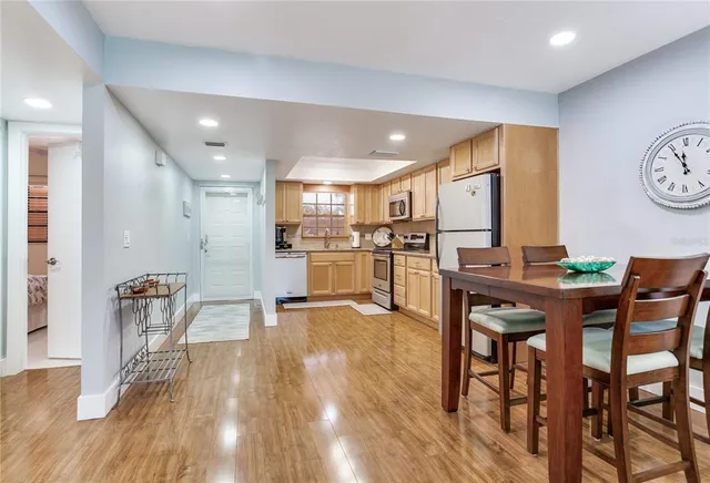 a view of a dining room with furniture