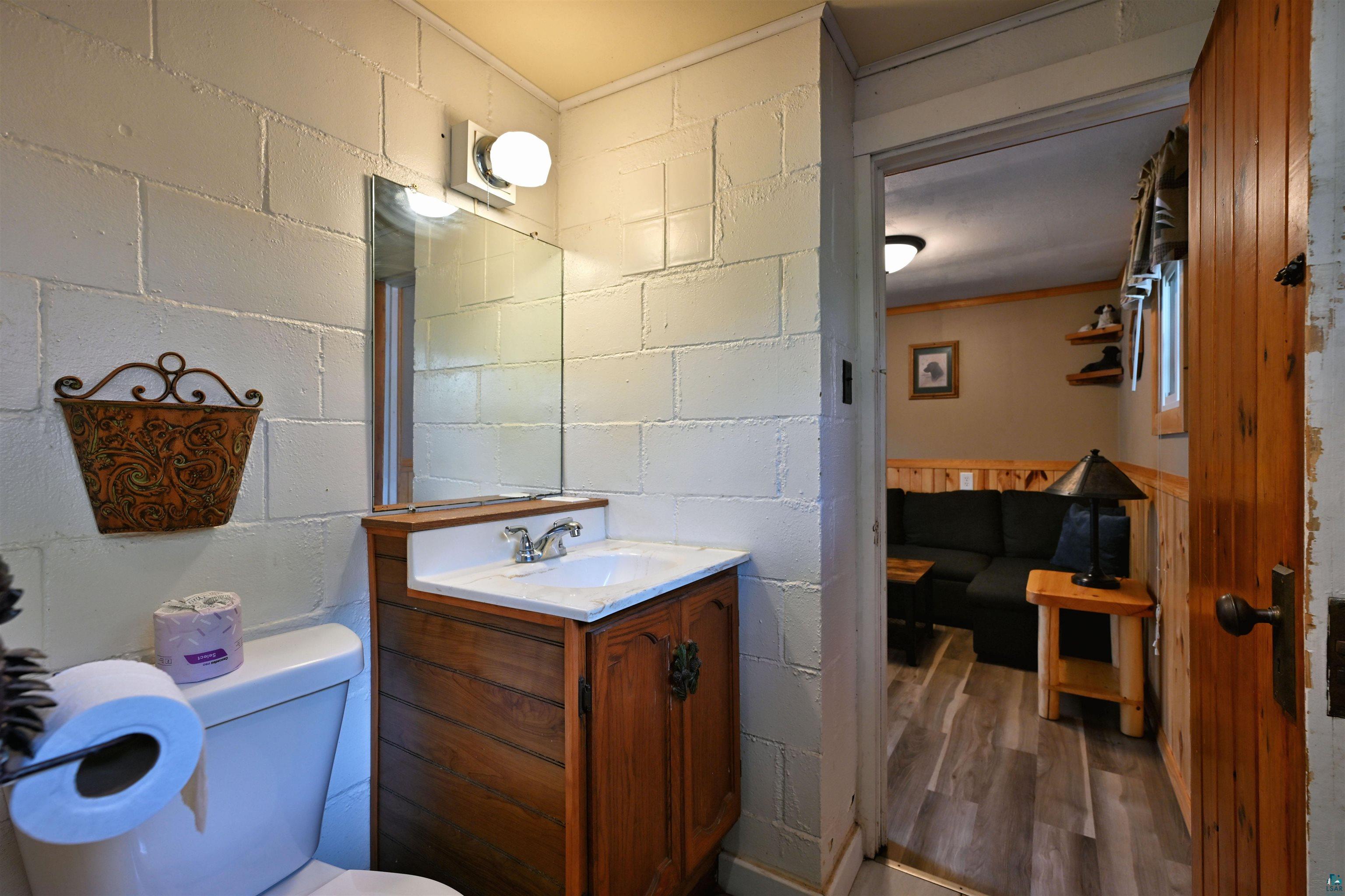 6833 View Point Lodge Road, Unit 13 Gordon, WI 54838 - Photo 12 of 32 Half bath with concrete block wall, vanity, and dark wood-style flooring