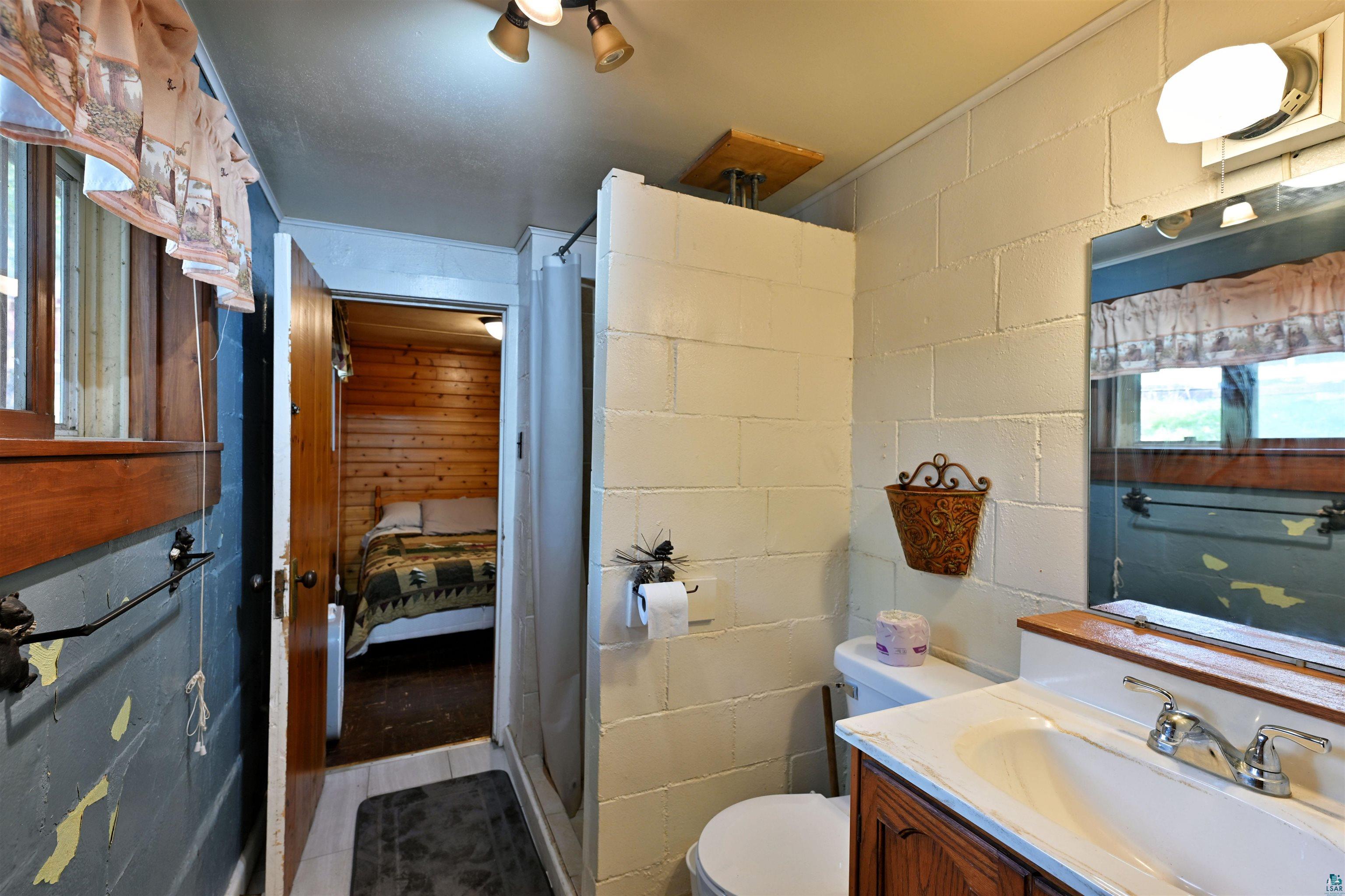 6833 View Point Lodge Road, Unit 13 Gordon, WI 54838 - Photo 13 of 32 Ensuite bathroom featuring concrete block wall, vanity, and curtained shower