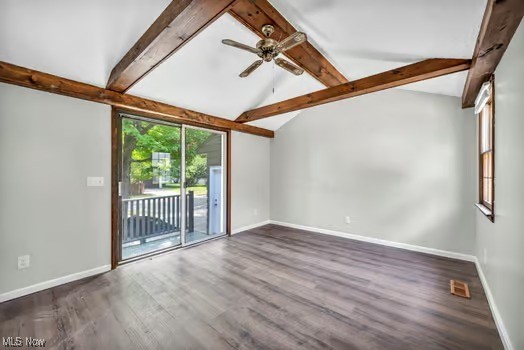 22790 Chardon Road Euclid, OH 44117 - Photo 33 of 35 Spare room featuring ceiling fan, hardwood / wood-style flooring, and vaulted ceiling with beams