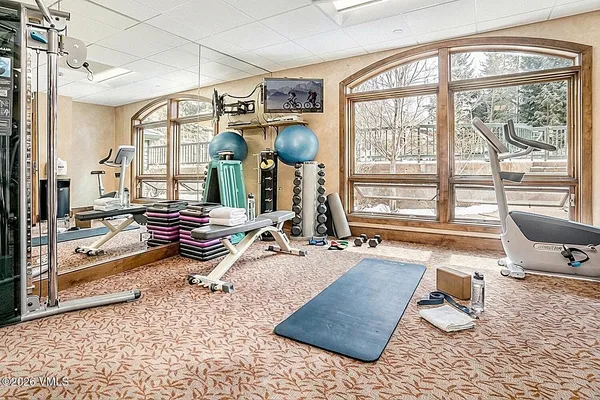 a room with gym equipment and a rug