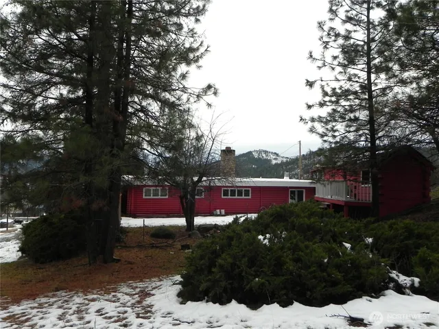 a view of a yard in front of a house with a large tree