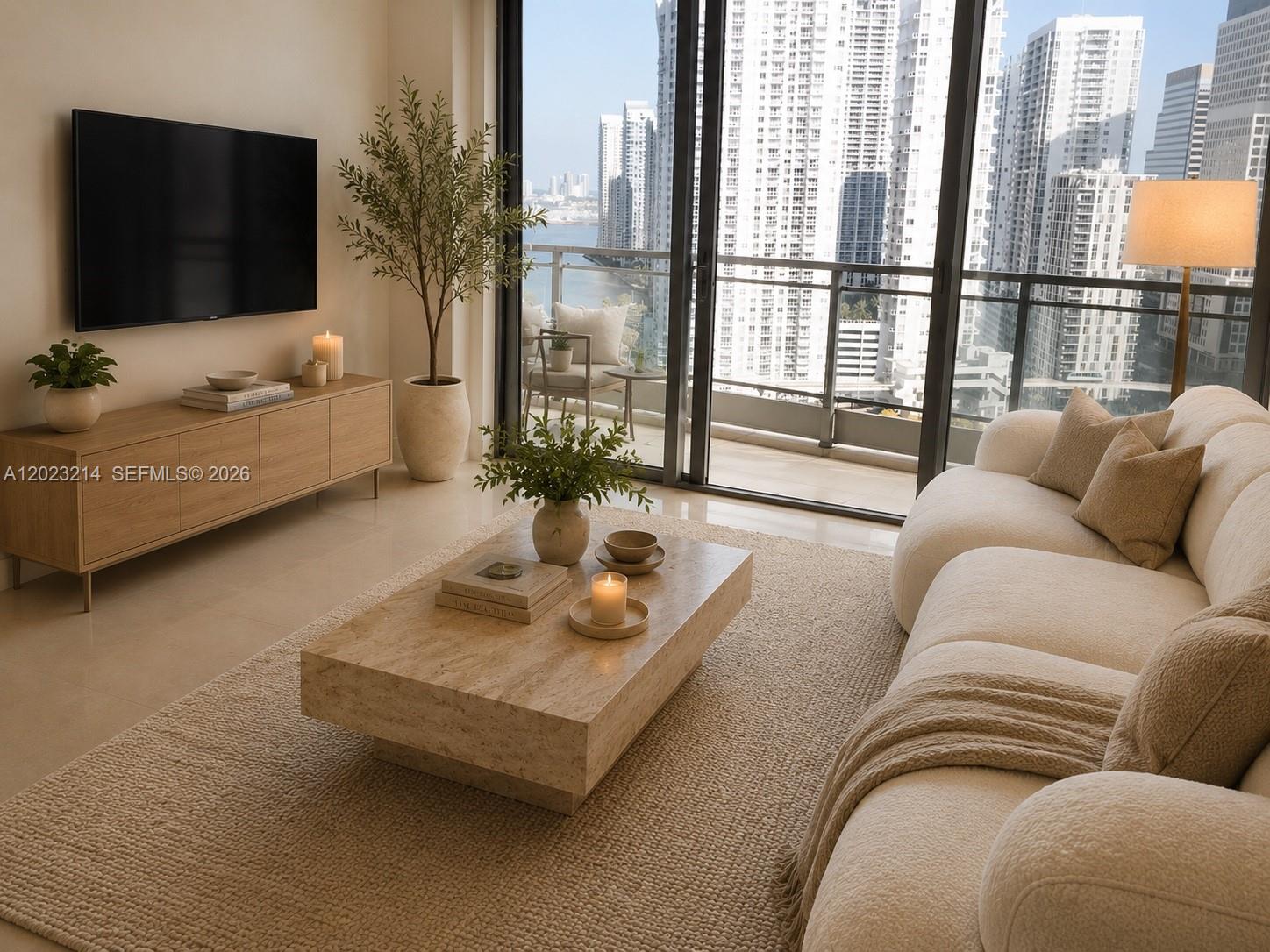 90 Southwest 3rd Street, Unit 2614 Miami, FL 33130 - Photo 4 of 13 a living room with furniture and a flat screen tv