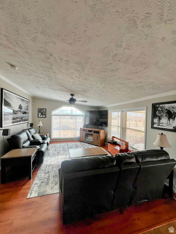 1407 North 1250th Street West Helper, UT 84526 - Photo 10 of 27 Living room featuring wood finished floors, ceiling fan, ornamental molding, and a textured ceiling