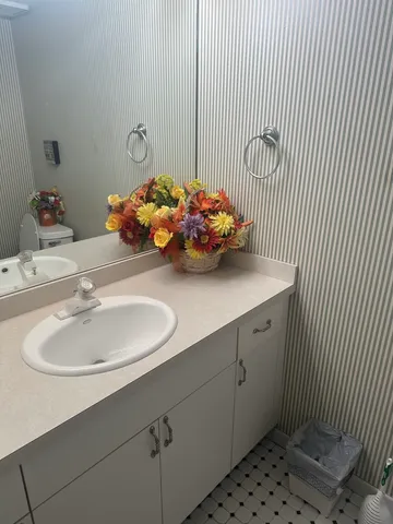 a bathroom with a sink and a mirror