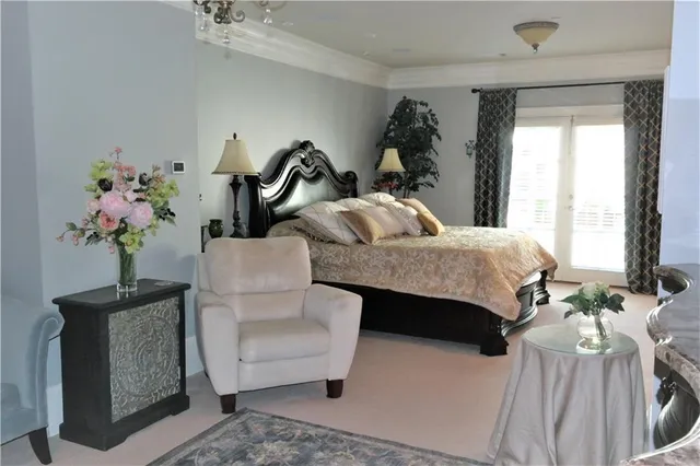 a bedroom with furniture and a potted plant