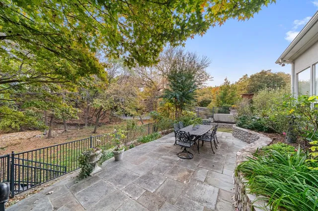 a backyard of a house with table and chairs