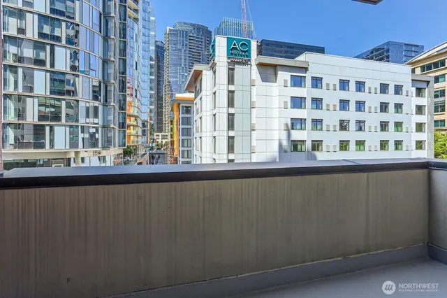 a view of a building from a balcony