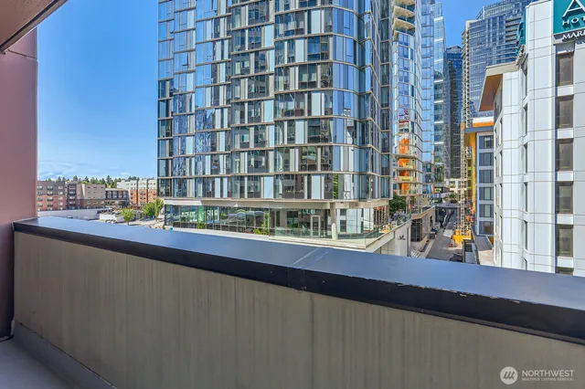 a view of a building from a balcony