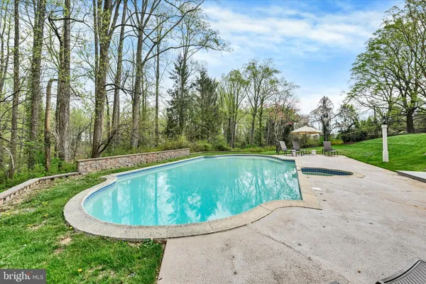 a view of a swimming pool with a bench and trees