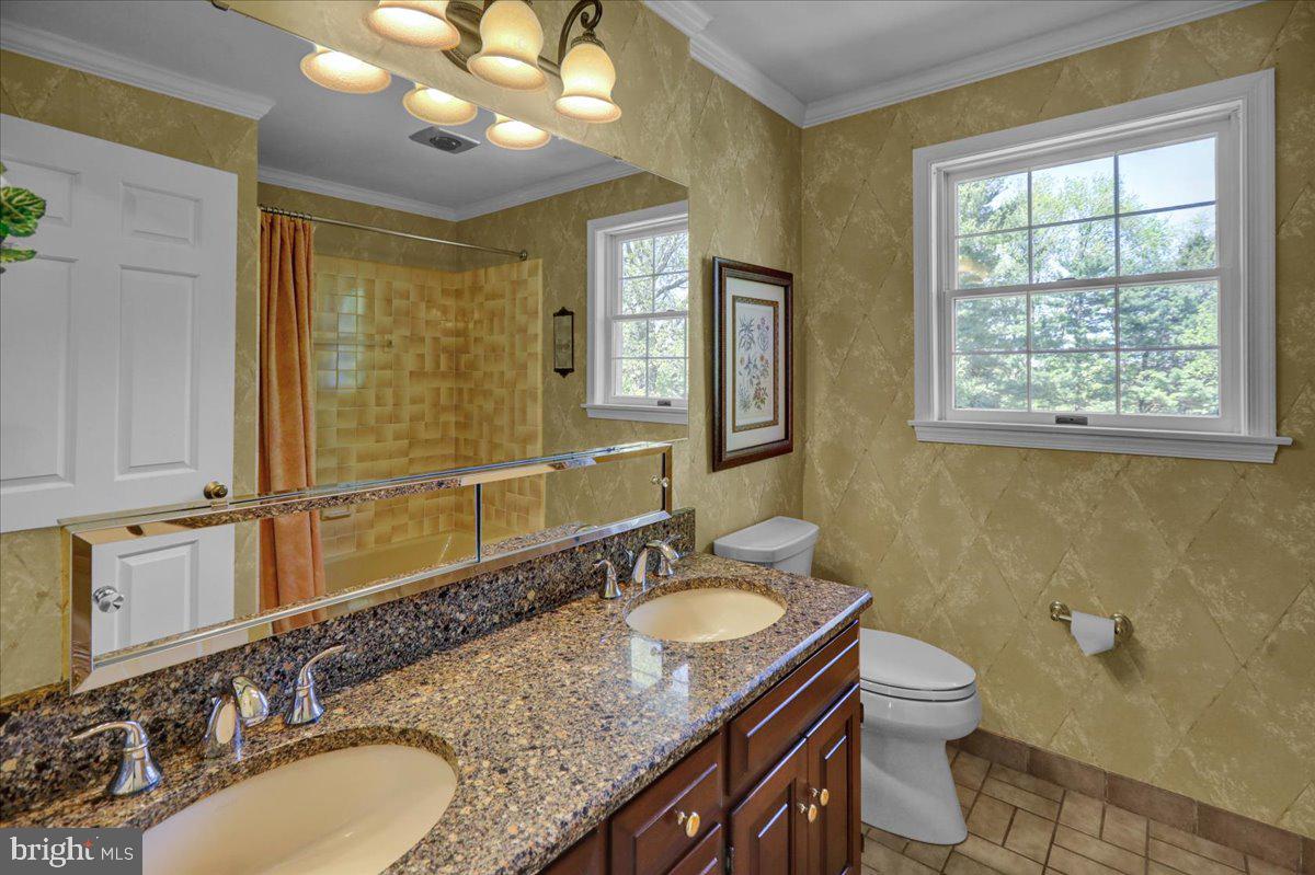 22 Lisa Road Sinking Spring, PA 19608 - Photo 44 of 60 a bathroom with a granite countertop double vanity sink a mirror and a toilet