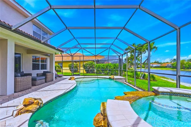 a view of a backyard with swimming pool