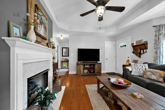 a living room with furniture and a fireplace
