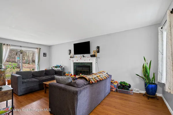 a living room with furniture potted plant and a fireplace