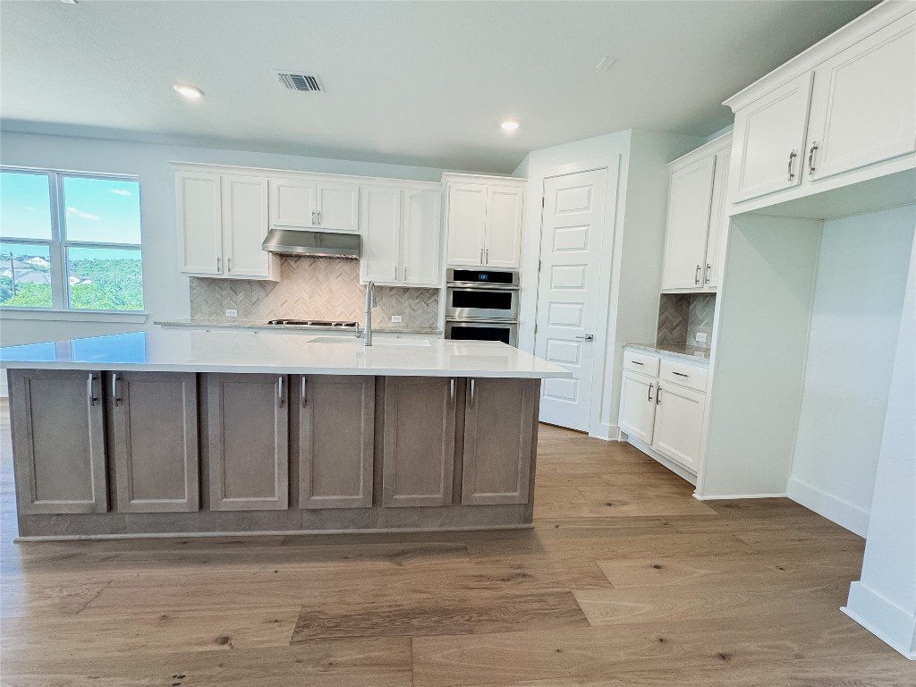 712 Iron Willow Loop Dripping Springs, TX 78620 - Photo 9 of 30 a large kitchen with stainless steel appliances granite countertop a stove a sink and white cabinets