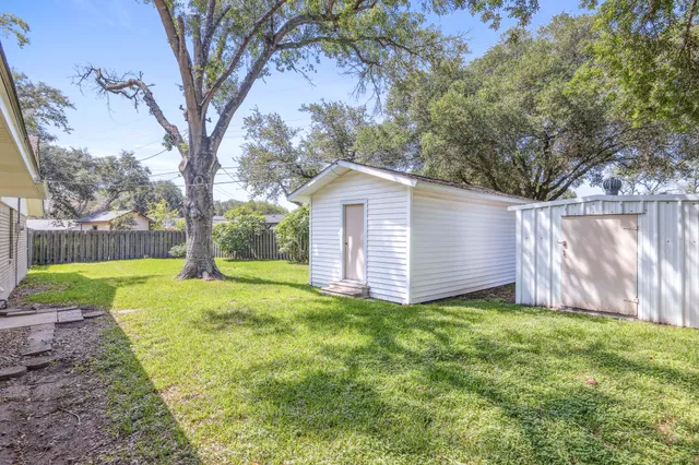 a view of a yard with a house and a large tree