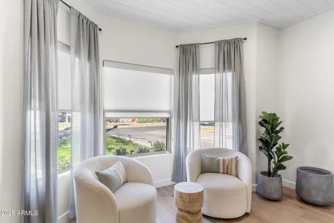 a living room with furniture and a potted plant