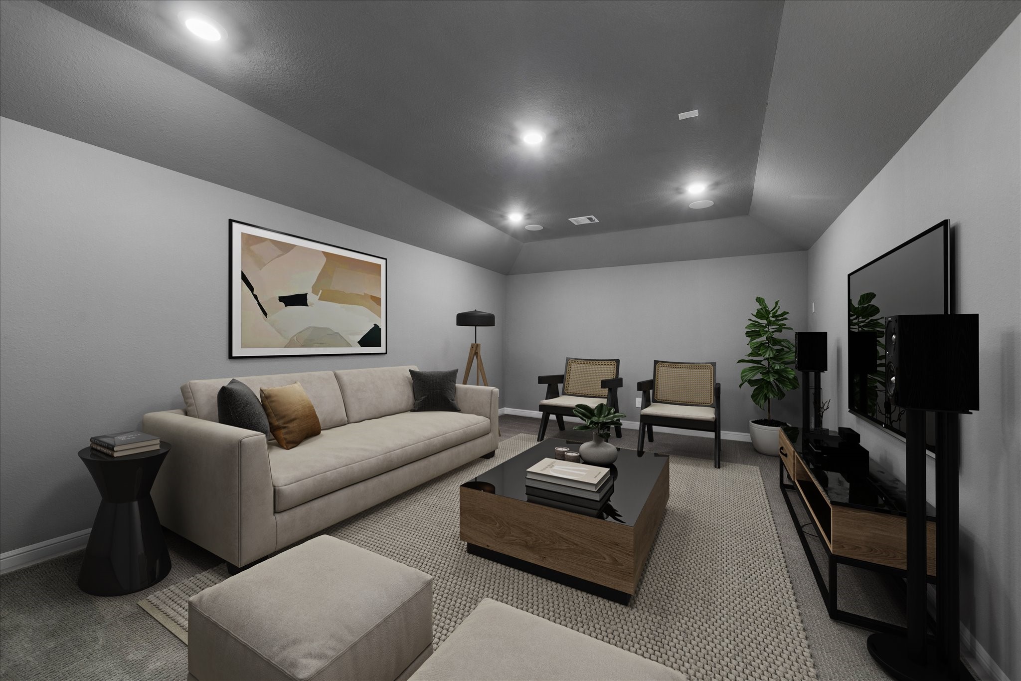 28015 Royal Swan Lane Spring, TX 77386 - Photo 20 of 25 Inviting media room with recessed lighting, plush carpeting, and comfortable seating, creating a cozy and relaxing space for movie nights and entertainment. *Virtually Staged