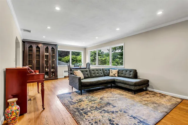 a living room with furniture and a rug