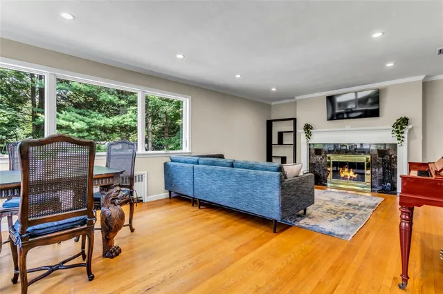 a living room with furniture a flat screen tv and a fireplace