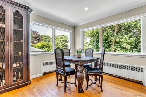 a view of a dining room with furniture window and wooden floor